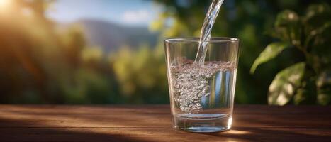 Refreshing water pouring into glass in natural light outdoor setting captivating beverage scene photo