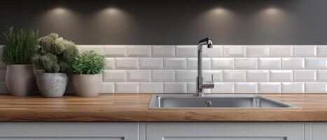 Sustainable minimalist kitchen design modern home interior decor cozy environment top view photo