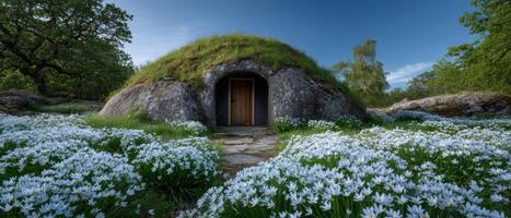 Domeshaped earth house surrounded by flowers in springtime landscape nature photography photo