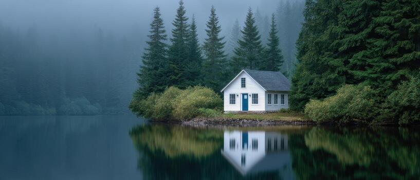 Serene floating house on a calm lake surrounded by fog and pine trees tranquil nature scene photo