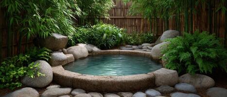 Serene outdoor bath surrounded by bamboo and stones in tranquil garden setting photo