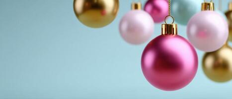 Minimalist christmas ornaments hanging on soft pastel background holiday decor aesthetic view photo
