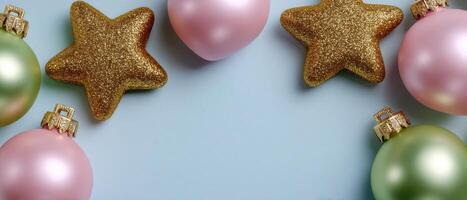 Minimalist christmas ornaments on soft pastel background holiday decor aesthetic studio view photo