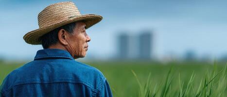 Elder farmer tending rice fields amid urban skyline solitude nature scenic view photo
