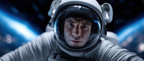 Astronaut floating inside space station earth orbit science imagery cosmic environment close-up view photo