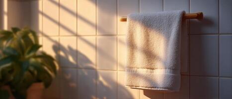 Sunlit clean bathroom with towel hanging cozy environment home decor perspective photo