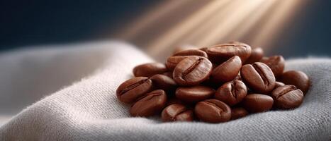 Coffee beans spilling onto white cloth in sunlight artistic still life natural setting photo