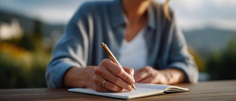 Writing inspiration at a wooden table sunlit outdoor workspace lifestyle perspective photo