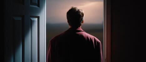 Man standing in doorway dramatic light interior nighttime back view isolation concept photo