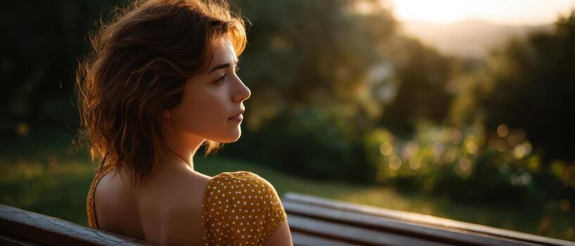 Girl sitting on bench in sunlight park photography serene environment side view reflection photo
