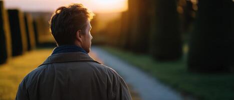 Person walking in sunny park at sunset lifestyle photo warm natural environment back view