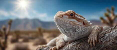 Bearded dragon on sunlit branch in desert landscape nature photography vibrant environment photo