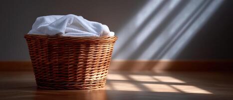 Sunlit laundry basket with white clothes in cozy room natural light serene atmosphere photo