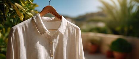 Linen shirt swaying in sunlit breeze outdoor terrace fashion photography daytime close-up photo