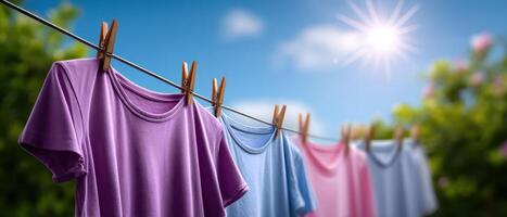 Clothes drying in backyard under strong sunshine colorful shirts on line vibrant outdoor setting photo