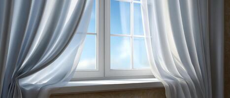 Gentle wind blowing white curtains by sunlit window in serene room peaceful atmosphere photo
