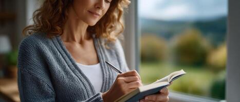Creative woman sketching ideas in notebook by bright window cozy home environment photo