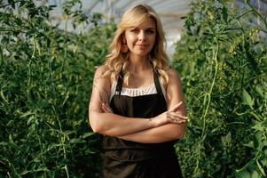 Standing,, with arms crossed. Beautiful, woman is in the greenhouse photo
