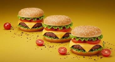 Three Classic Cheeseburgers Displayed on a Solid Yellow Color Background photo