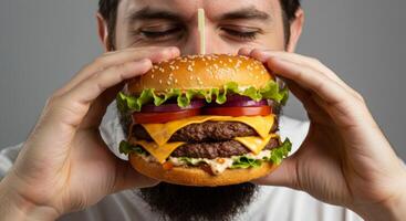Man anticipates indulging in a colossal double cheeseburger delight photo