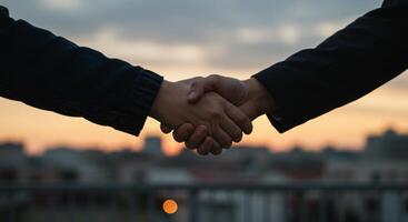 Collaborative partnership handshake, success in teamwork and unity at sunset photo
