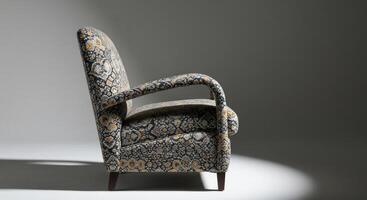 Art Deco Armchair with Intricate Pattern Fabric on Minimal Background photo