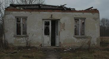 Dilapidated Building Exterior Depicting Loss and Abandonment Amidst Overgrown Landscape photo