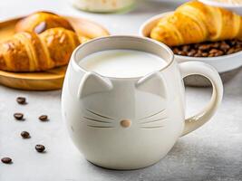 Cozy Breakfast Scene with Fresh Croissants and Whimsical Cat Mug. Delicious food and drink background photo