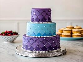 Luxurious Three-Tier Cake with Elegant Pearl Detailing and Vibrant Colors. Delicious food background photo