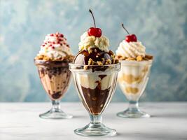 Indulgent Ice Cream Sundae Trio. Perfect Dessert Temptation. Delicious food background photo