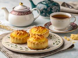 Cozy Elegance, Delicate Pastries and Artful Tea Setting. Delicious food background photo