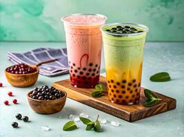 Refreshing Bubble Tea Extravaganza. Colorful Flavors and Tantalizing Toppings. Delicious food background photo