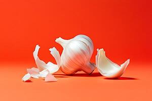 Garlic bulb and cloves against orange photo