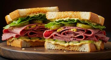 Two stacked pastrami sandwiches on toasted bread, garnished with pickles and lettuce photo
