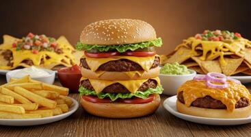 Variety of fast food classics featuring a double cheeseburger and nachos photo