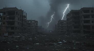Apocalyptic urban landscape with lightning illuminating ruins and devastation photo