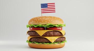 Patriotic double cheeseburger adorned with an American flag on a white backdrop photo