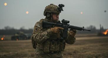 Dedicated soldier poised with rifle during intense military combat training photo