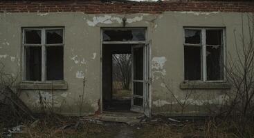 Decaying house facade with broken windows and an open door revealing desolation photo