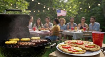 Festive backyard barbeque party with American flag on Fourth of July photo