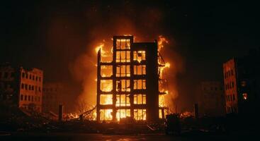 Burning Building in a war-torn city signifies destruction and devastation photo