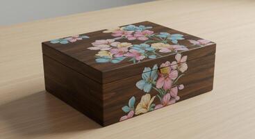 Artistic wooden box adorned with floral paintings, unique keepsake container photo