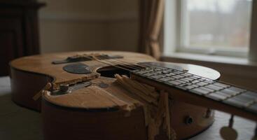 Destruction of an Acoustic Guitar, showing themes of loss and broken dreams photo