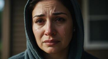 Close-up portrait of a tearful woman wearing a hoodie with a sad expression photo
