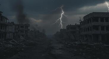 Cityscape destruction with thunderstorms and electrical activity in dark tones photo