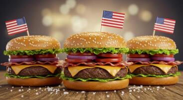 Patriotic Burger Trio with Miniature American Flags on Wooden Surface photo