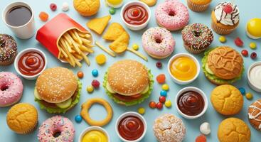 Overhead view of a colorful assortment of unhealthy food on a blue backdrop photo