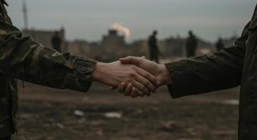 A solemn handshake between soldiers in a war-torn landscape symbolizes truce photo