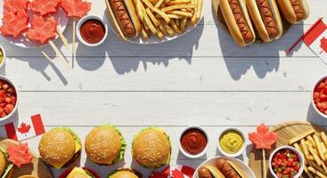 Festive Canada Day Feast Displayed on Weathered Wooden Tabletop for Celebrations photo