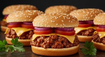 Indulgent Sloppy Joes Stacked High with Fresh Toppings on a Dark Surface photo